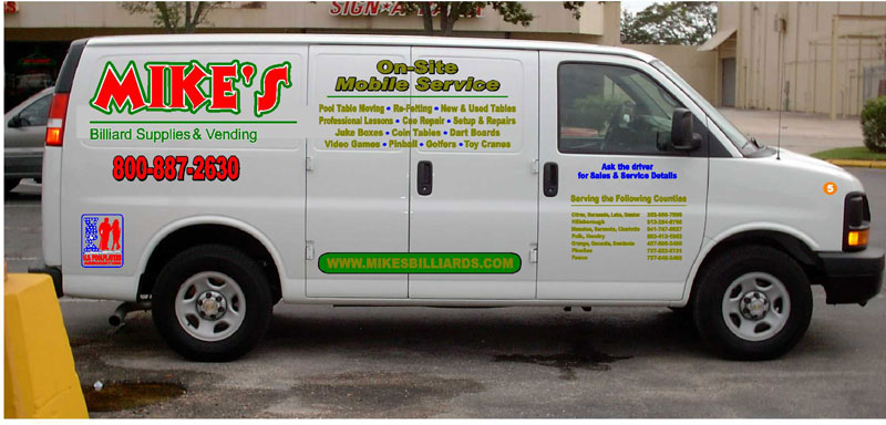 This 2006 Chev van is one of 5 service vehicles that is specially used to service pool table and billiard tables all over the 55 Counties in Florida that Mike's Billiard supplies and Crating provides recover, re-rubber and crating service to